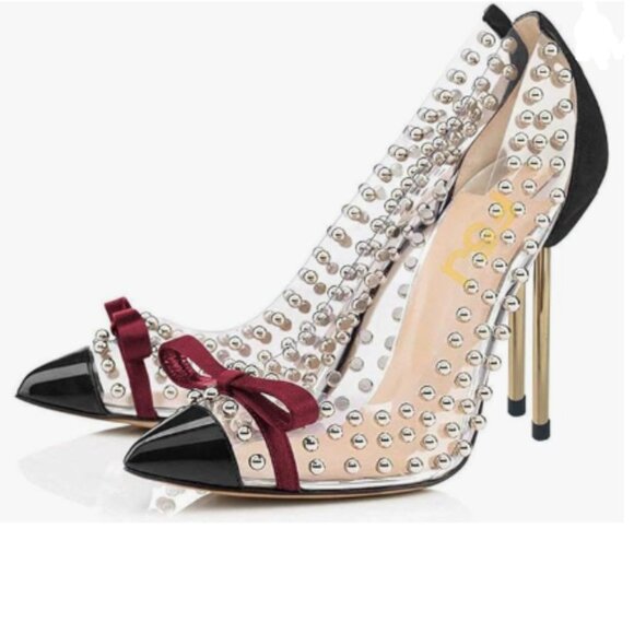 FSJ Black Studded Pointed Toe Transparent Pump High Heel Shoes with Cute Bowknot - Picture 1 of 8